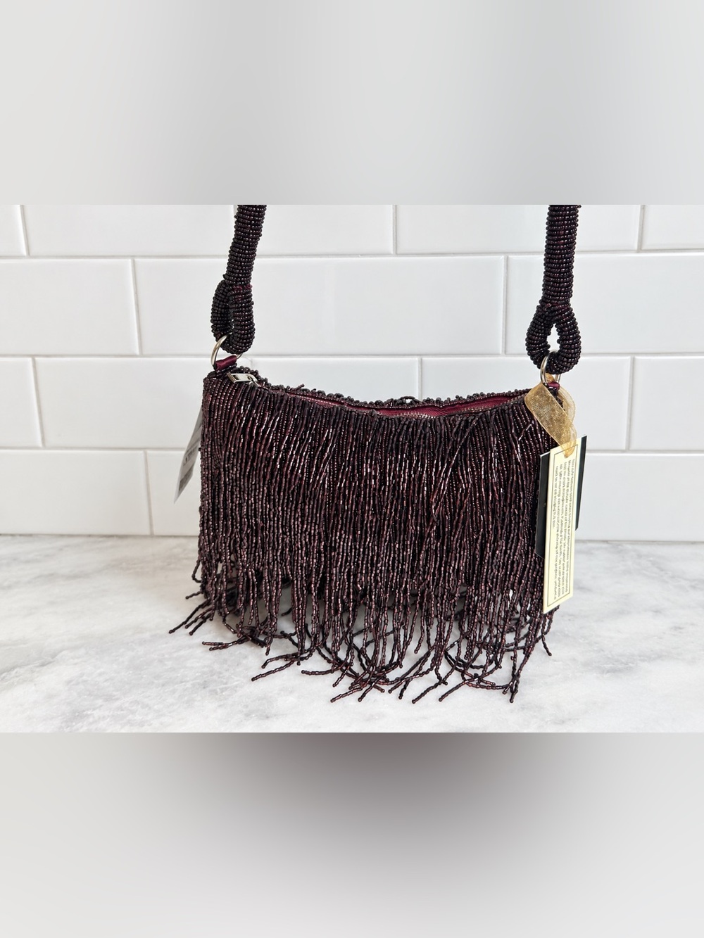Viral Made In India Burgundy Magenta Beaded Fringe Shoulder Bag NWT